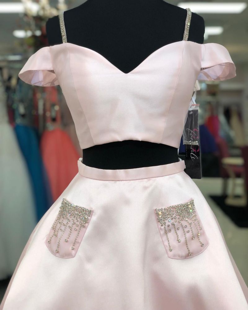 Chic Two Pieces Sweetheart Homecoming Dress Fantastic Spaghetti Straps Beading Cocktail Dress with Pockets-showprettydress
