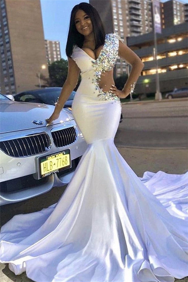 Chic V-Neck Lace Rhinestones Sweep Train Mermaid Prom Dresses Chic V-Neck Lace Rhinestones Sweep Train Mermaid Prom Dresses