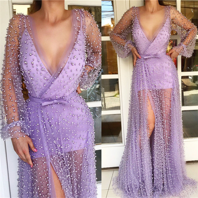 Chic V-neck Long Sleevess Prom Party Gowns with See Through Skirt Chic Tulle Pink Long Prom Party Gowns with Pearls-showprettydress