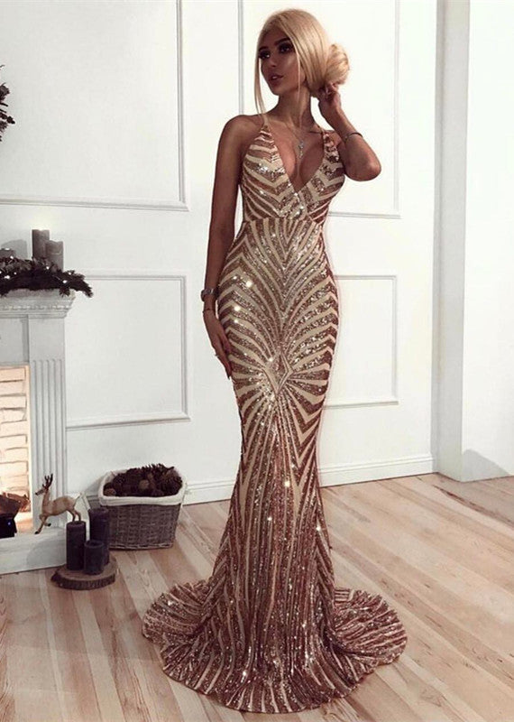 Chic V-Neck Mermaid Prom Party Gowns| Sequins Long Evening Dress-showprettydress