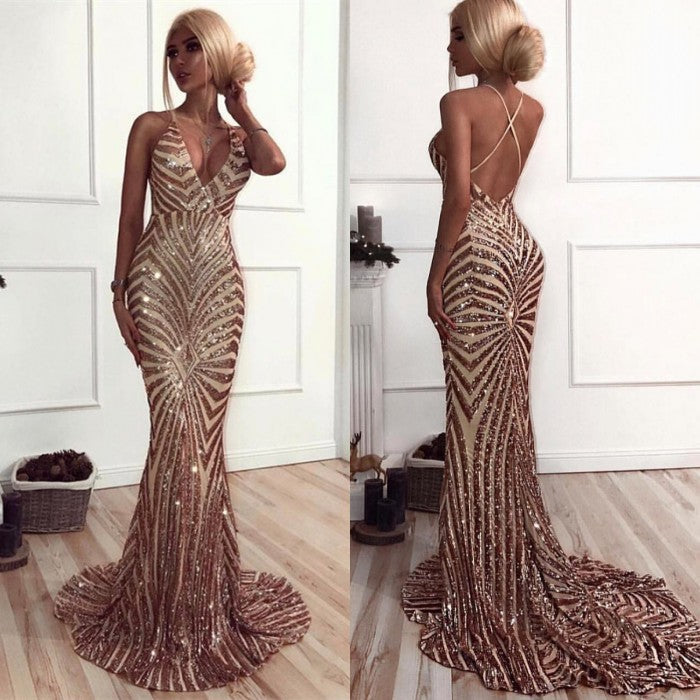 Chic V-Neck Mermaid Prom Party Gowns| Sequins Long Evening Dress-showprettydress
