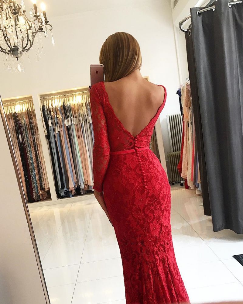 Chic V-neck Open Back Scarlet Lace Evening Dresses Elegant Long Sleeves Fit and Flare Wholesale Prom Dresses-showprettydress