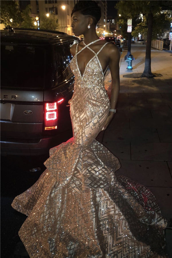 Chic V-neck Spaghetti Mermaid Sequins Pattern Long Prom Dresses-showprettydress