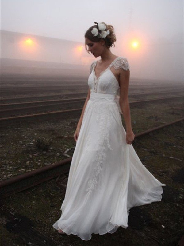Chiffon A Line Sleeveless V neck Floor Length Lace Wedding Dresses-showprettydress