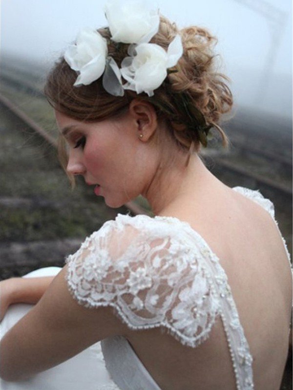 Chiffon A Line Sleeveless V neck Floor Length Lace Wedding Dresses-showprettydress