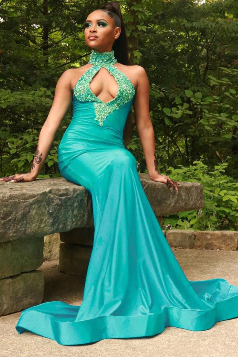 Chiffon Halter Sexy Green Mermaid Prom Dress Beaded Long Backless Chiffon Halter Sexy Green Mermaid Prom Dress Beaded Long Backless