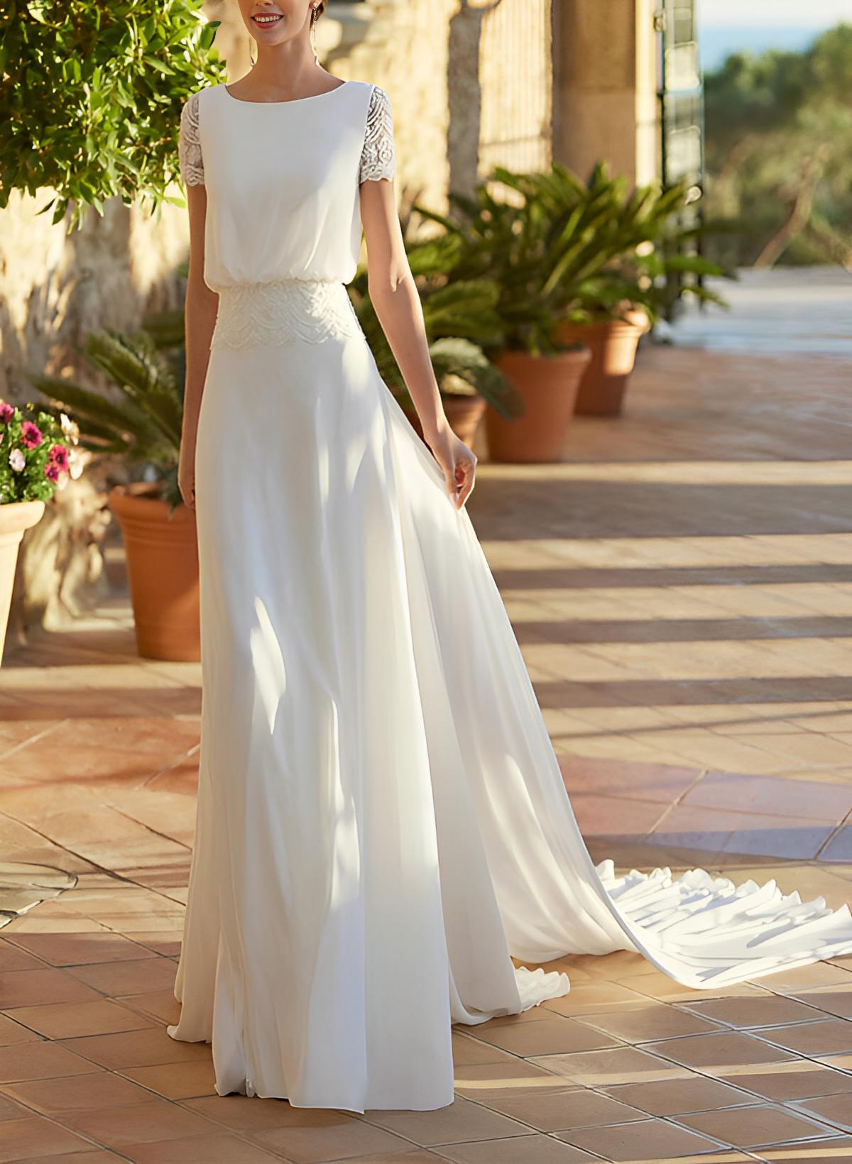 Chiffon Wedding Dress Chic A-line Silhouette Scoop Neck Short Sleeves Court Train-Showprettydress