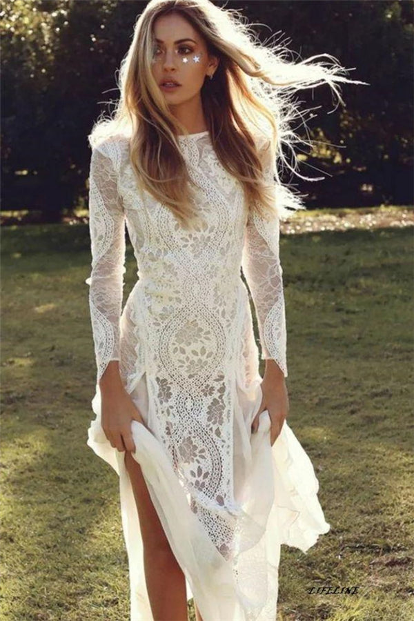 Classic Beach Long Sleevess Backless Lace Beach Wedding Dress