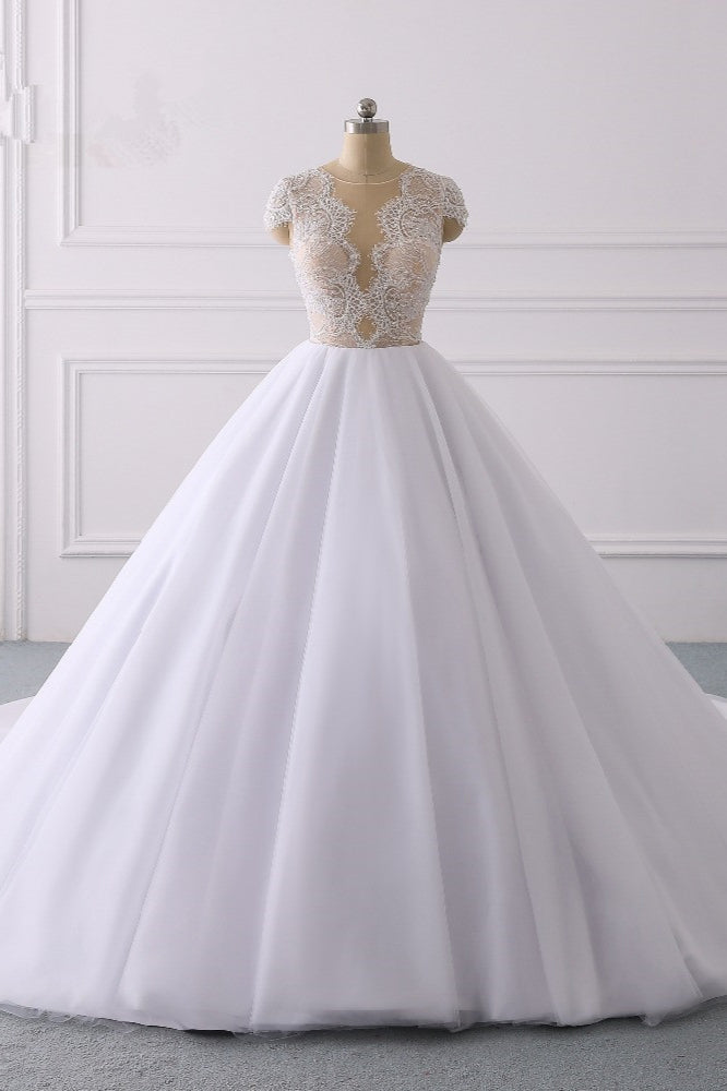 Classic Cap sleeves V neck White Ball Gown Lace Wedding Dress-showprettydress