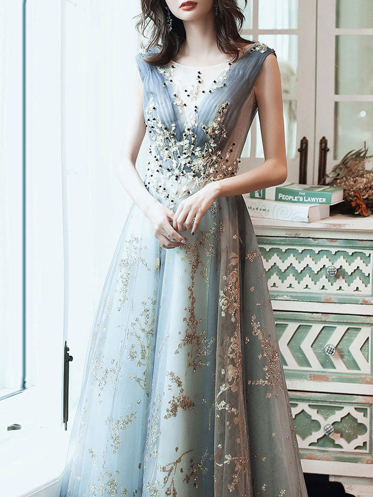 Classic evening dress A Line Sleeveless Floor Length Jewel Neck Lace Appliqued Formal Occasion Dresses-showprettydress