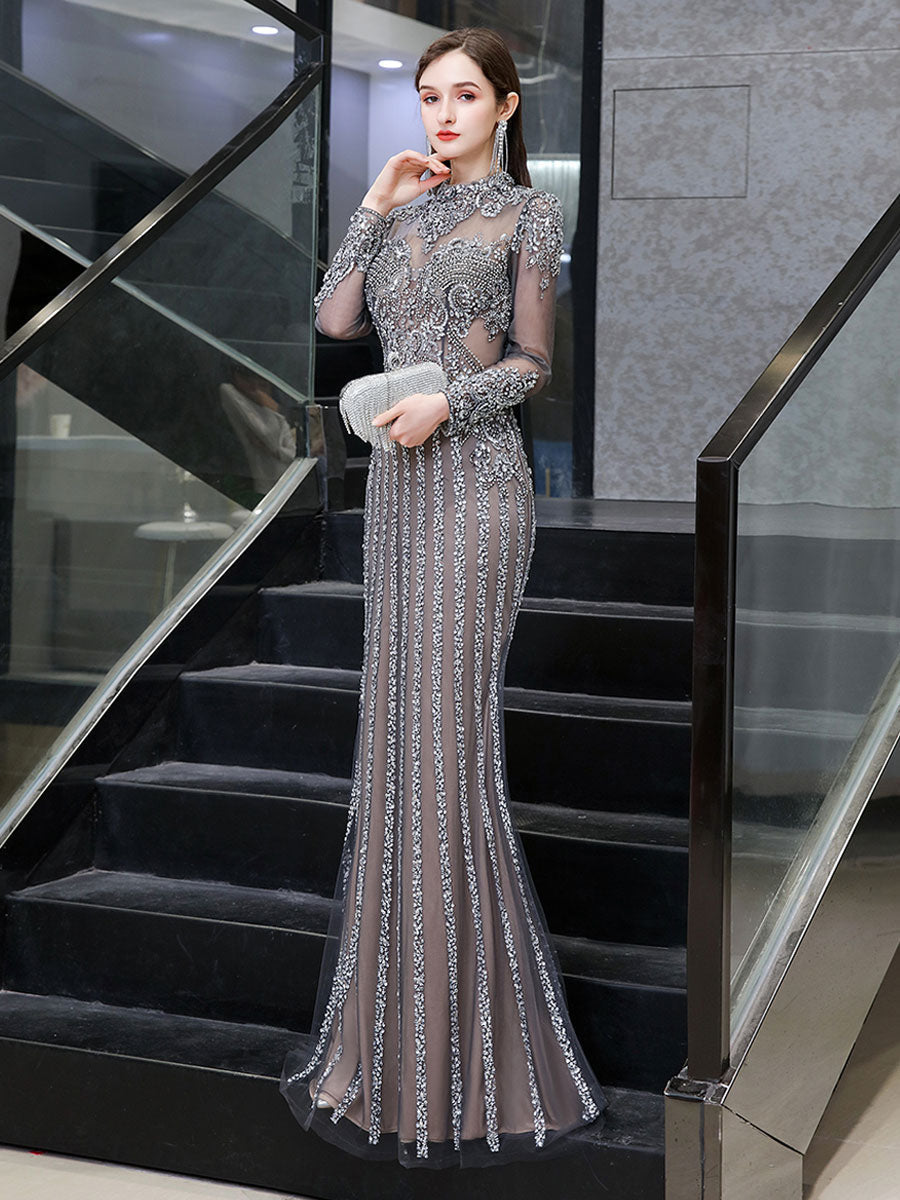 Classic Evening Dresses Mermaid Jewel Long Sleeve Floor Length Formal Dinner Dress-showprettydress