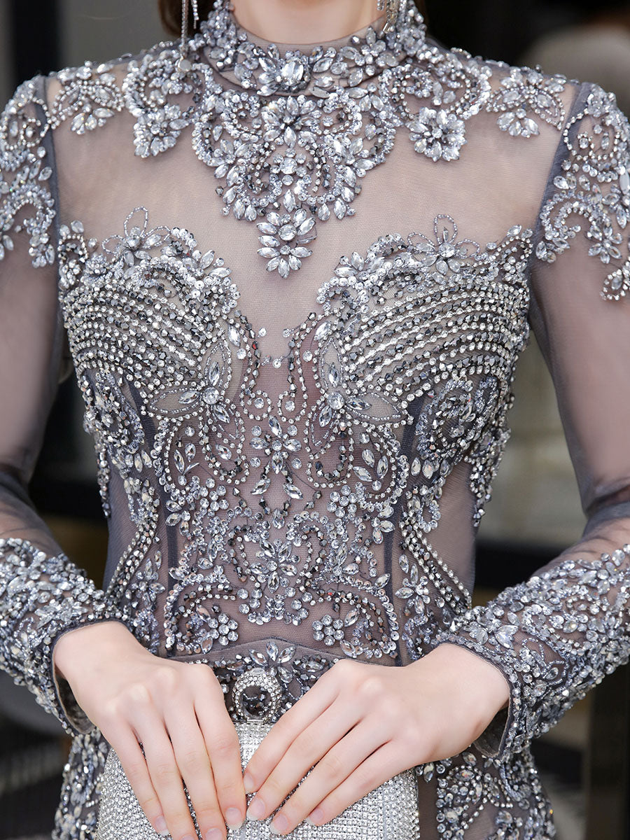 Classic Evening Dresses Mermaid Jewel Long Sleeve Floor Length Formal Dinner Dress-showprettydress