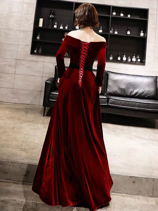 Classic Evening Dresses Velvet Long Sleeve Off Shoulder Maxi Dresses-showprettydress