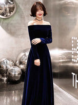 Classic Evening Dresses Velvet Long Sleeve Off Shoulder Maxi Dresses-showprettydress