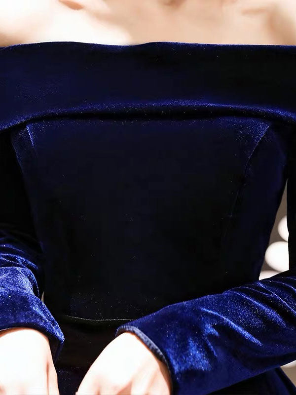 Classic Evening Dresses Velvet Long Sleeve Off Shoulder Maxi Dresses-showprettydress