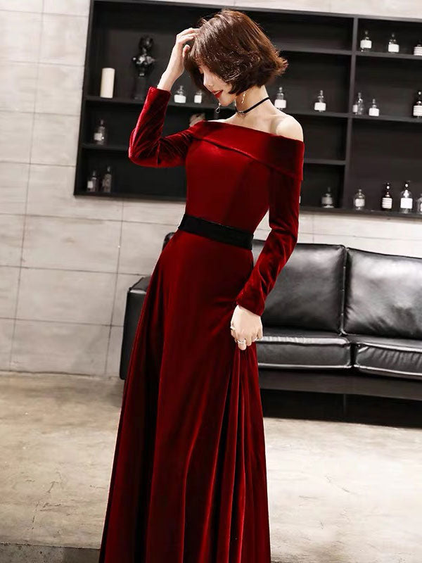 Classic Evening Dresses Velvet Long Sleeve Off Shoulder Maxi Dresses-showprettydress
