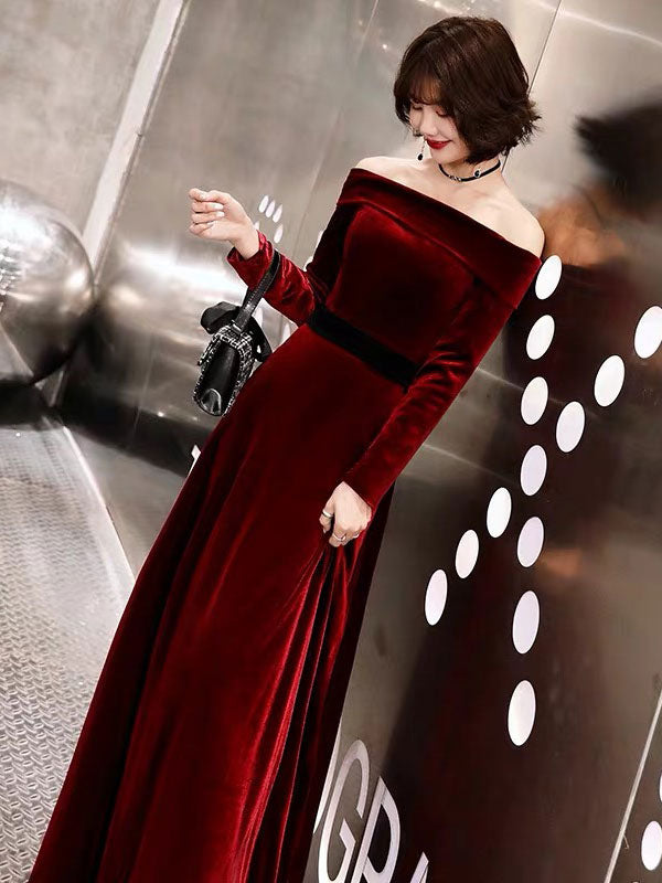 Classic Evening Dresses Velvet Long Sleeve Off Shoulder Maxi Dresses-showprettydress