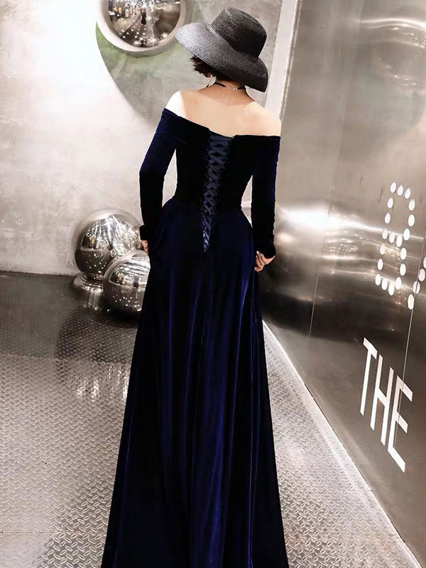 Classic Evening Dresses Velvet Long Sleeve Off Shoulder Maxi Dresses-showprettydress