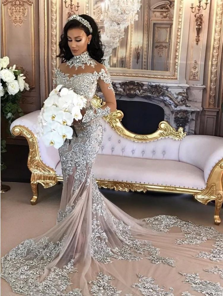 Classic High neck Long Sleevess Mermaid Wedding Dress Silver Tulle Bridal Gowns with Lace Appliques-showprettydress