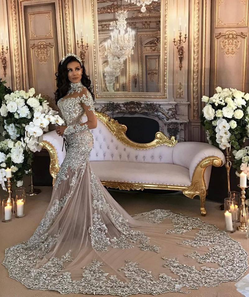 Classic High neck Long Sleevess Mermaid Wedding Dress Silver Tulle Bridal Gowns with Lace Appliques-showprettydress