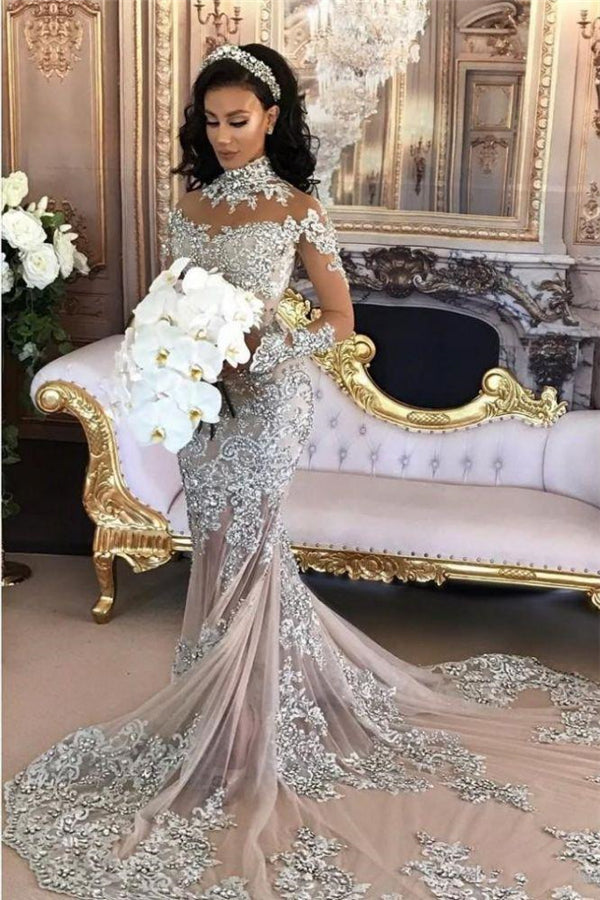 Classic High neck Long Sleevess Mermaid Wedding Dress Silver Tulle Bridal Gowns with Lace Appliques-showprettydress