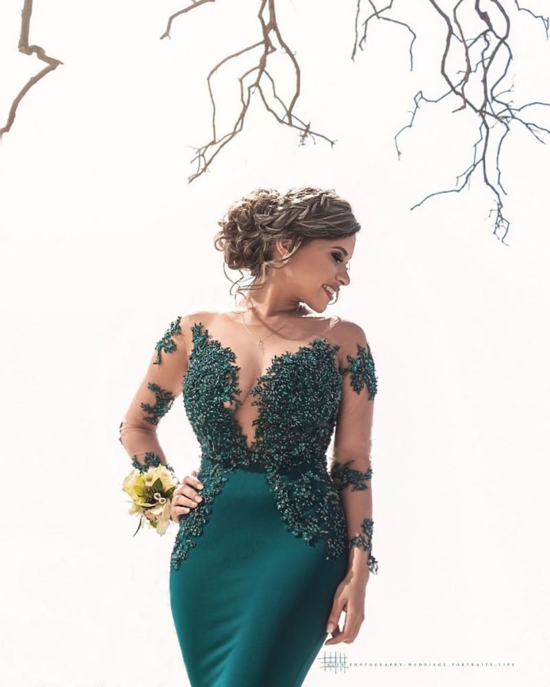 Classic Illusion neck Long Sleeves Blue Lace Appliques Prom Party Gowns with Chapel Train-showprettydress