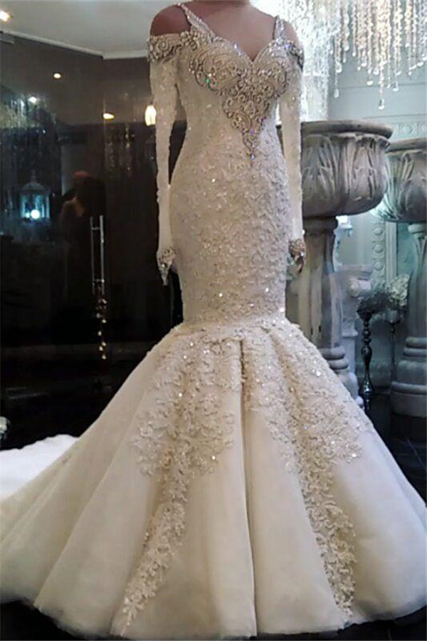 Classic Mermaid Long Sleeves Bridal Gowns Lace Wedding Dresses with Sleeves-showprettydress