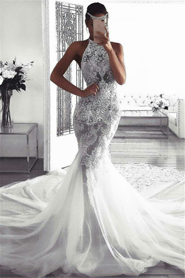 Classic Sleeveless Halter Wedding Dresses Modern Mermaid Tulle Bridal Dresses Classic Sleeveless Halter Wedding Dresses Modern Mermaid Tulle Bridal Dresses