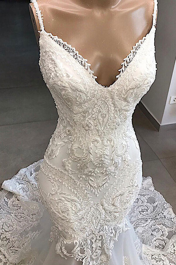 Classic Spaghetti Strap V neck White Sleeveless Mermaid Open Back Wedding Dress with Chapel Train-showprettydress