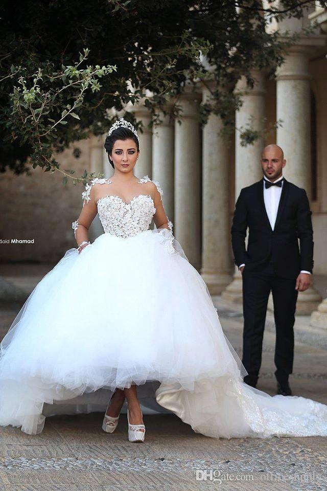 Classic White Sweetheart Long Sleevess Tulle Ball Gown Wedding Dress-showprettydress