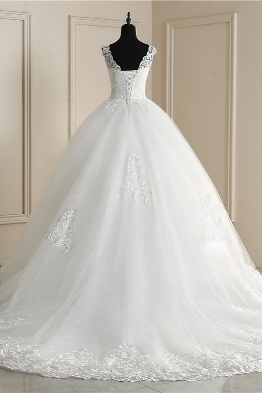 Classic White V neck Sleeveless Ball Gown Lace Wedding Dress-showprettydress