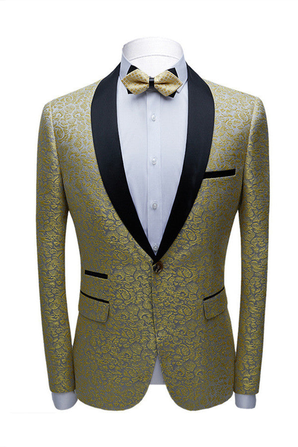 Classy Gold Jacquard Slim Fit Men's Prom Suits with Black Shawl Lapel-showprettydress