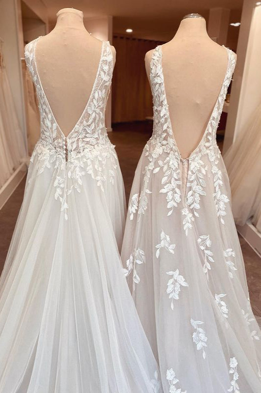 Classy Long A-Line Sweetheart Appliques Lace Open Back Wedding Dress-showprettydress