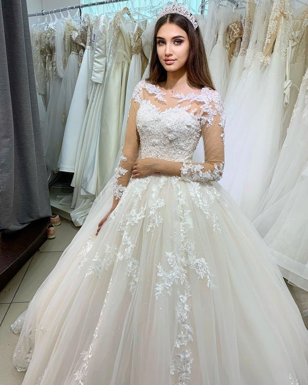 Classy Long Princess Appliques Lace Tulle Wedding Dress with Sleeves-showprettydress