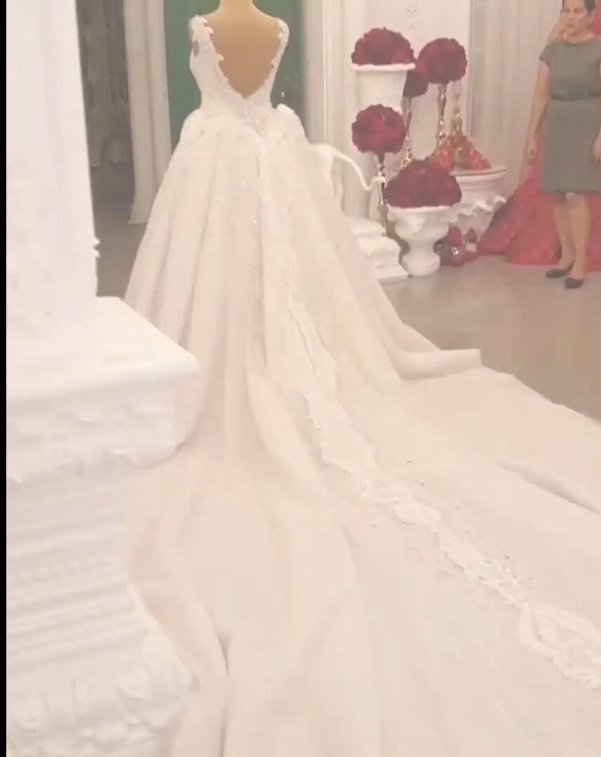 Classy Long Sweetheart Spaghetti Straps Appliques Lace Crystal Backless Wedding Dress-showprettydress