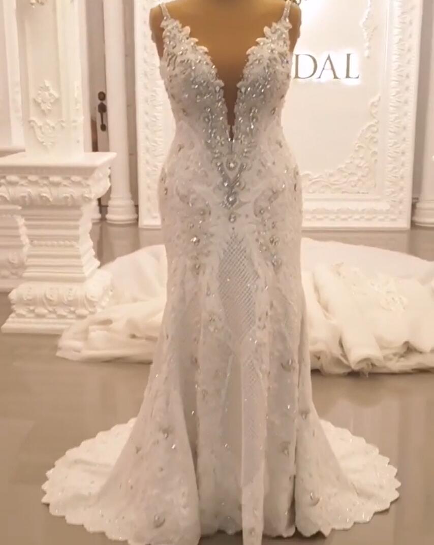 Classy Long Sweetheart Spaghetti Straps Appliques Lace Crystal Backless Wedding Dress-showprettydress