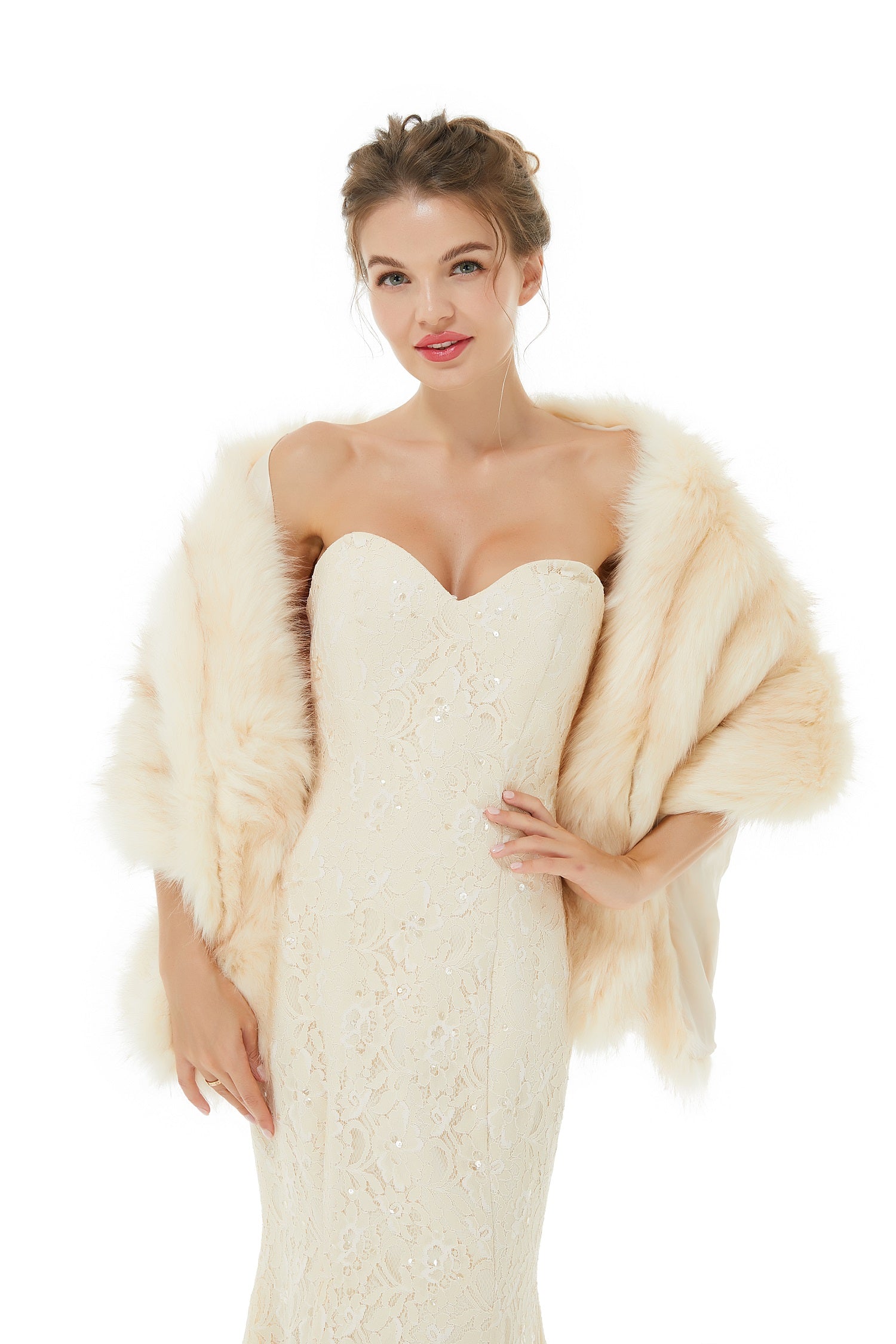 Creamy Faux Fur Stripe Shawl For Bride For Winter-showprettydress