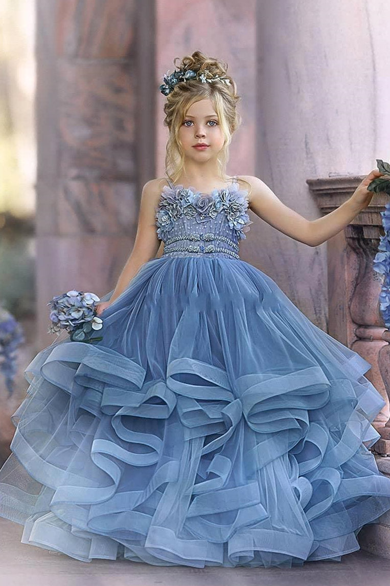 Cute Long Dusty Blue Ball Gown Strapless Princess Flower Girl Dresses