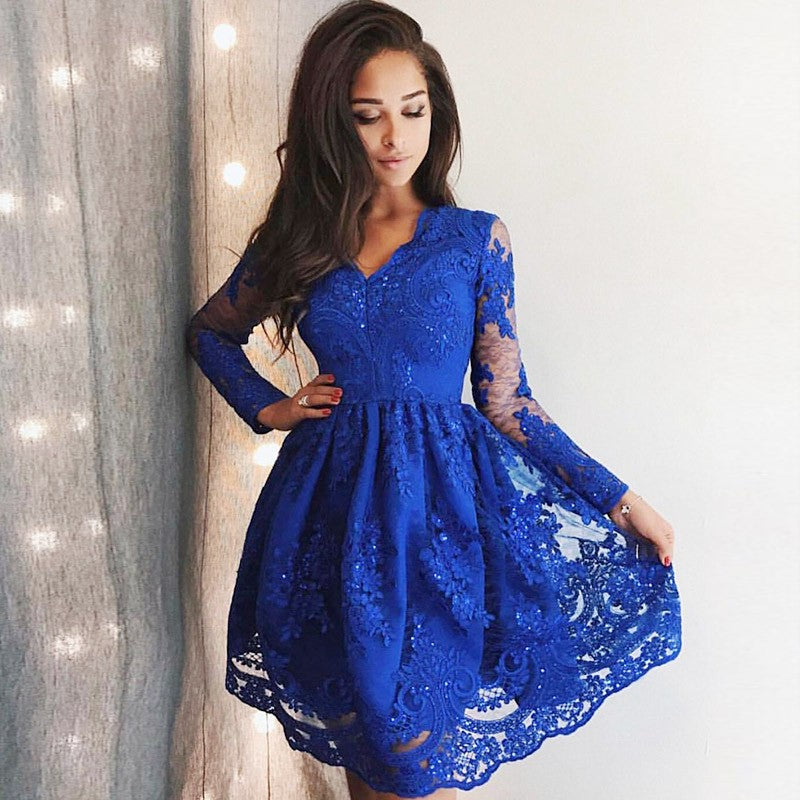 Cute Royal Blue Lace Long Sleeves Homecoming Dress Short Hoco Dresses-showprettydress