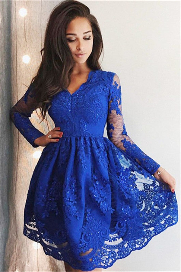 Cute Royal Blue Lace Long Sleeves Homecoming Dress Short Hoco Dresses-showprettydress