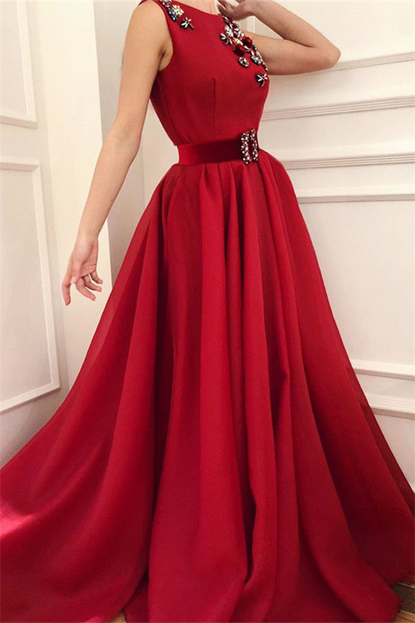 Cute Satin A Line Fowers Red Prom Party Gowns with Dragonfly Chic Scoop Sleeveless Long Prom Party Gowns with Sash-showprettydress
