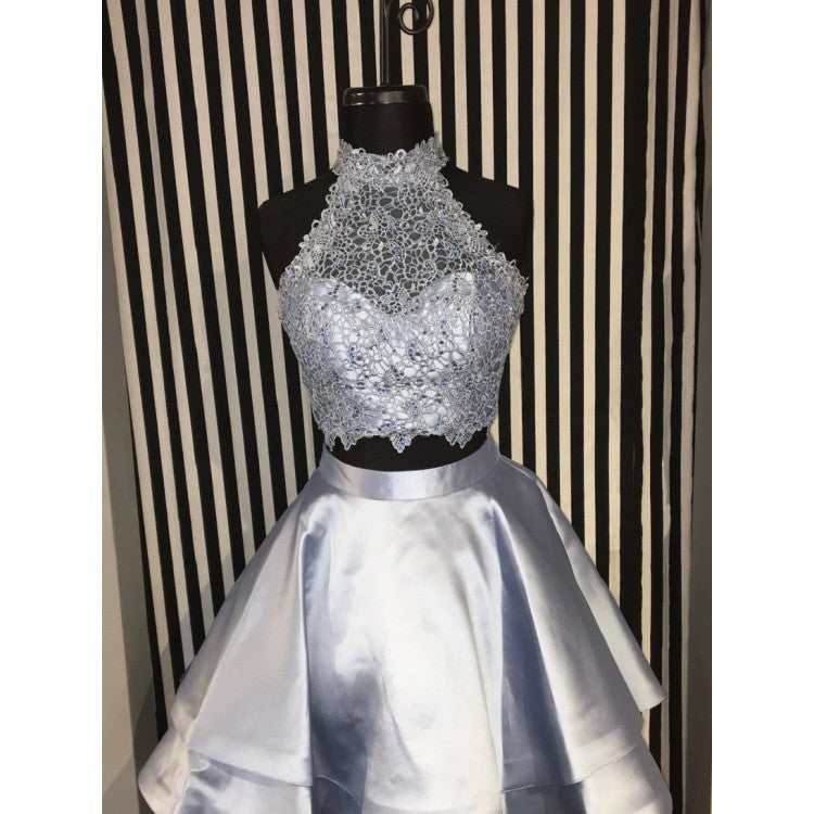 Cute Two-Piece Homecoming Dresses Blue Halter Neck Hoco Dresses-showprettydress
