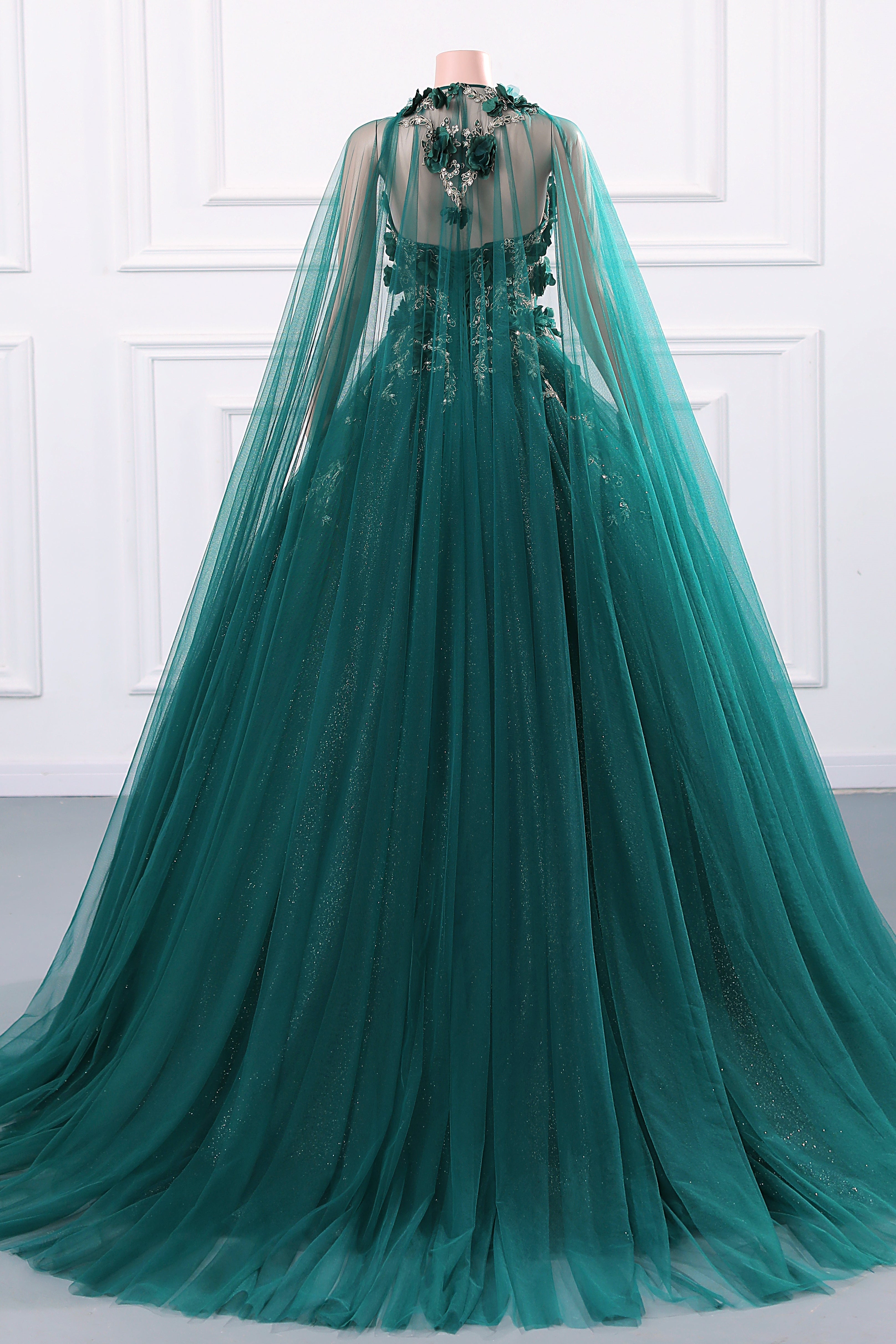 Dark Green Appliques Beaded Flowers Ball Gown Qunice Dresses-showprettydress