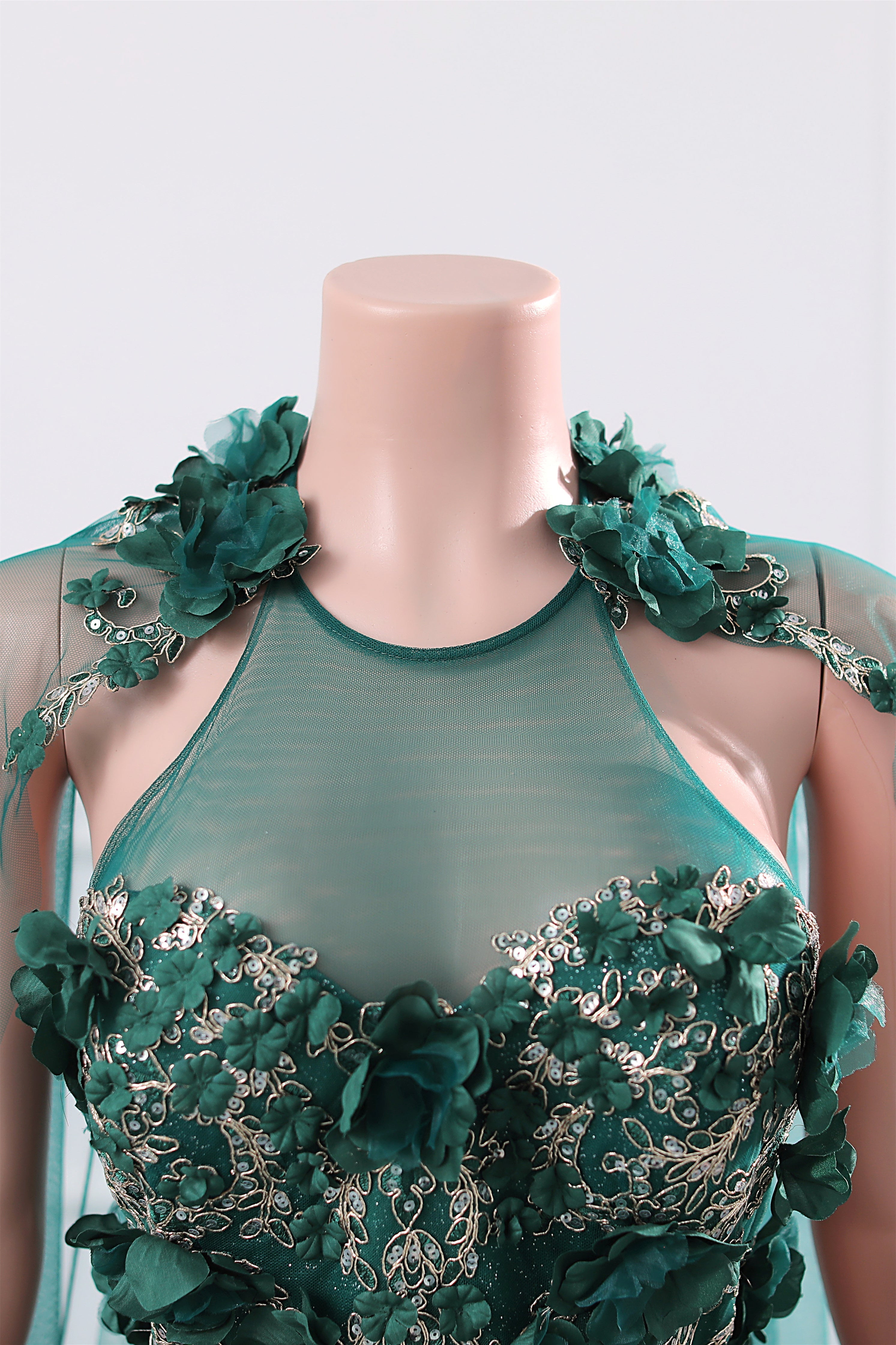 Dark Green Appliques Beaded Flowers Ball Gown Qunice Dresses-showprettydress