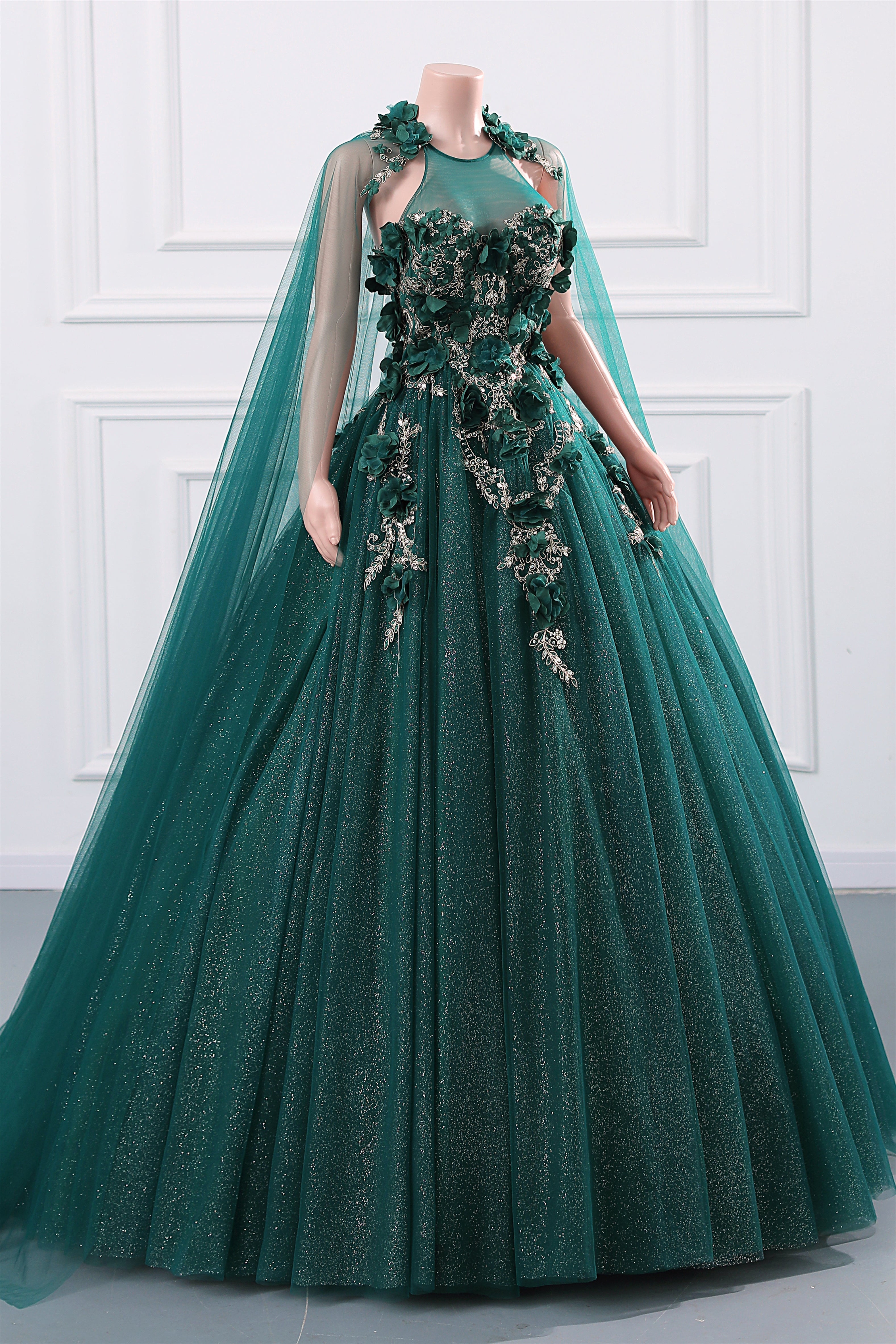 Dark Green Appliques Beaded Flowers Ball Gown Qunice Dresses-showprettydress
