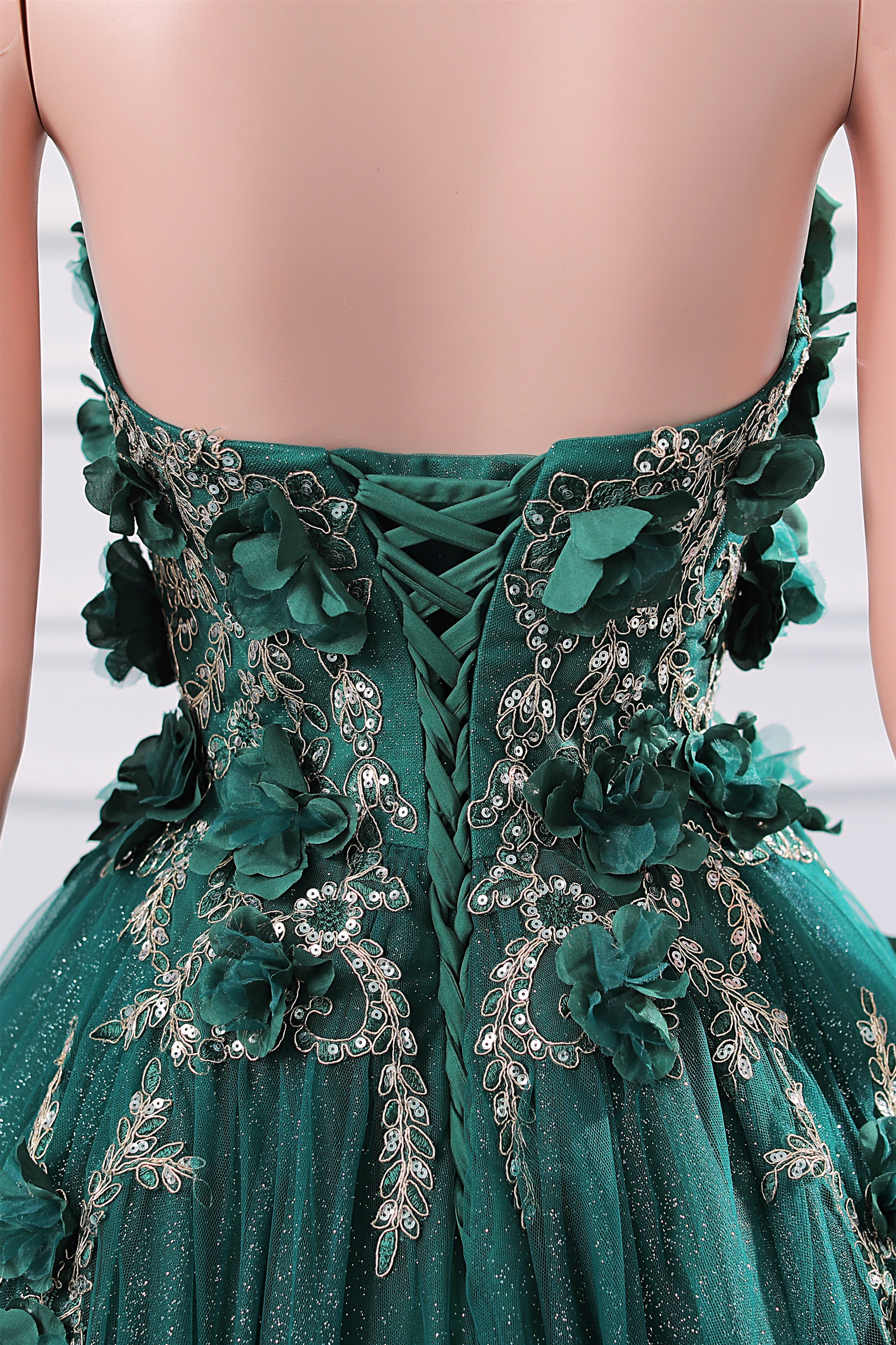 Dark Green Appliques Beaded Flowers Ball Gown Qunice Dresses-showprettydress