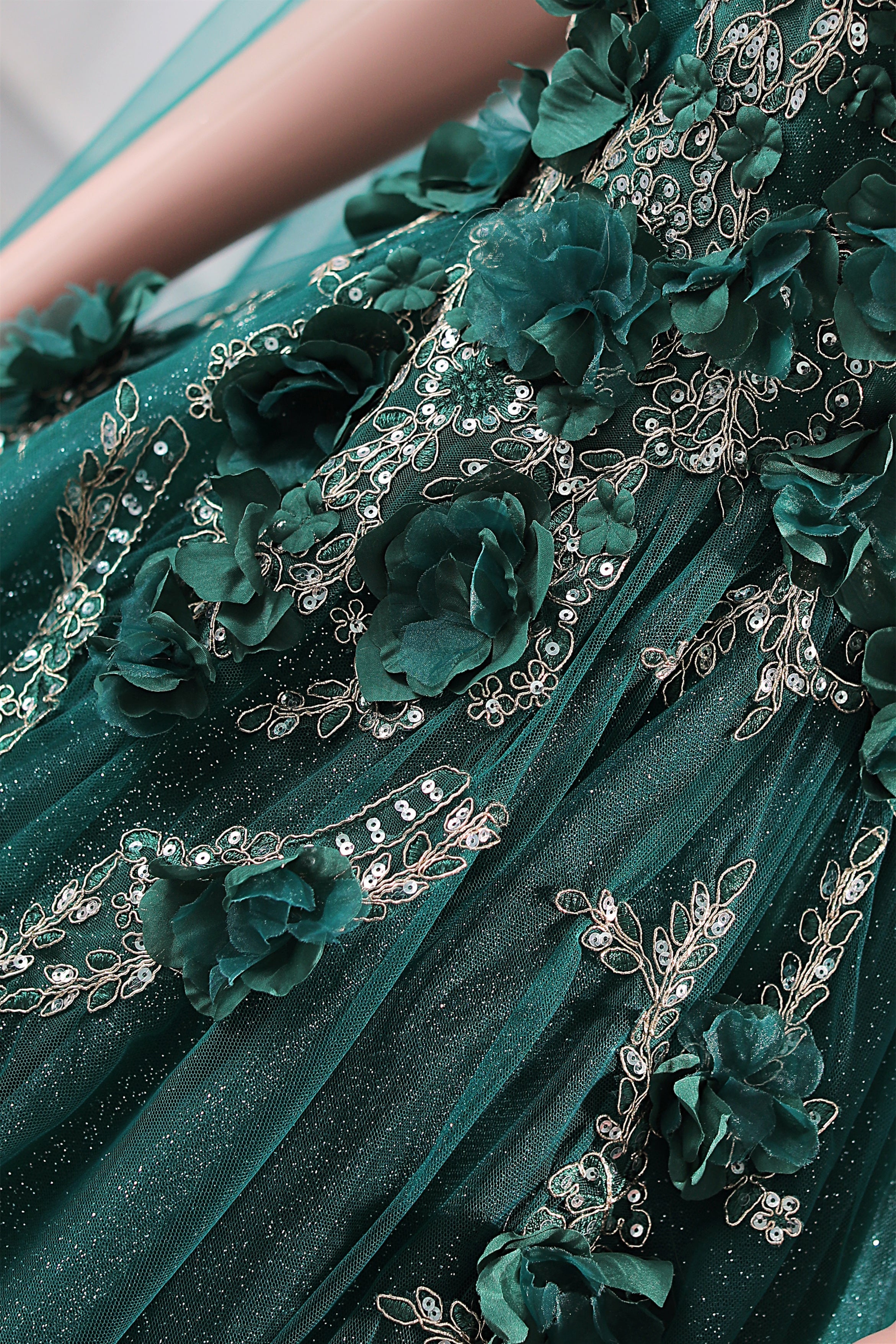 Dark Green Appliques Beaded Flowers Ball Gown Qunice Dresses-showprettydress