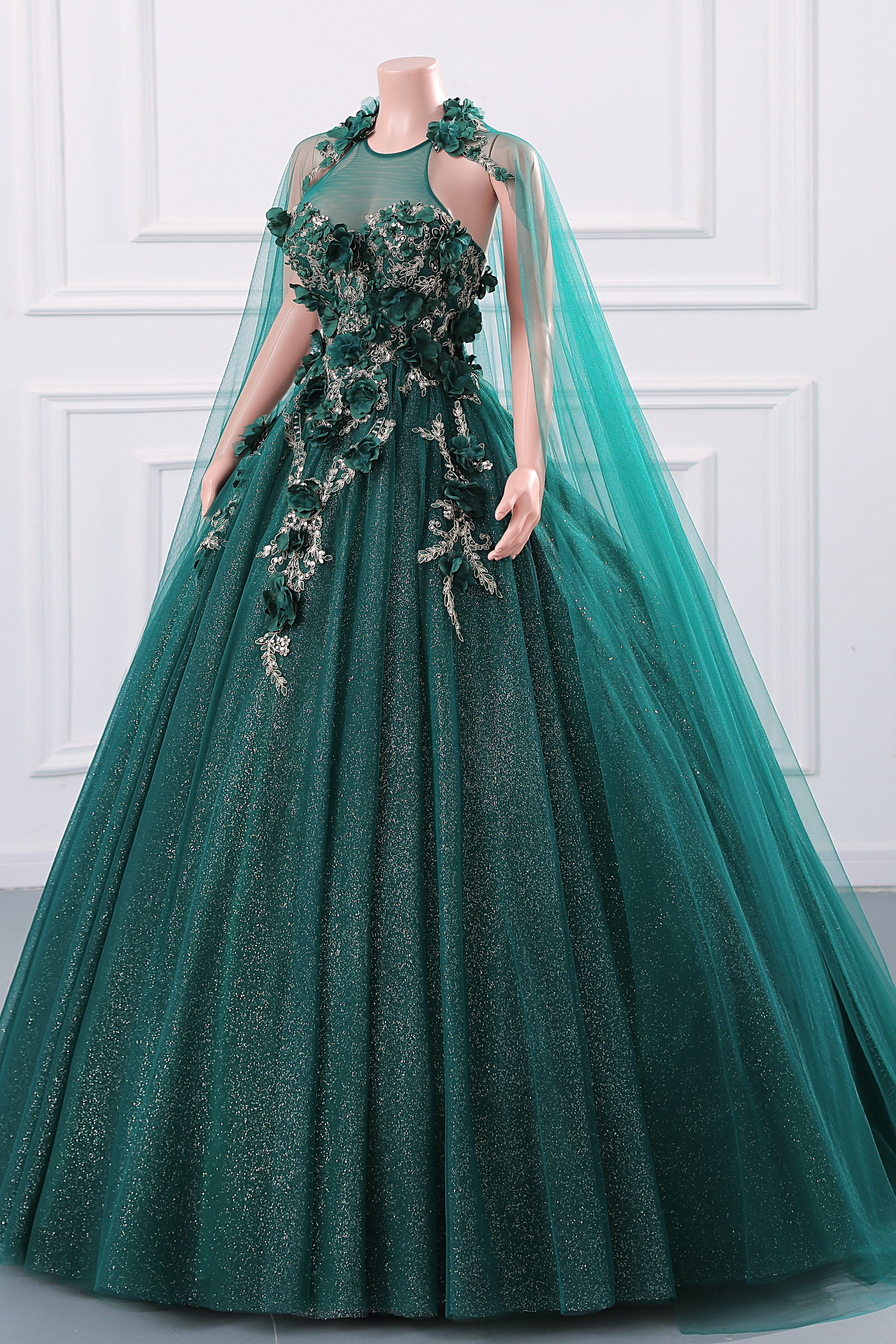 Dark Green Appliques Beaded Flowers Ball Gown Qunice Dresses-showprettydress
