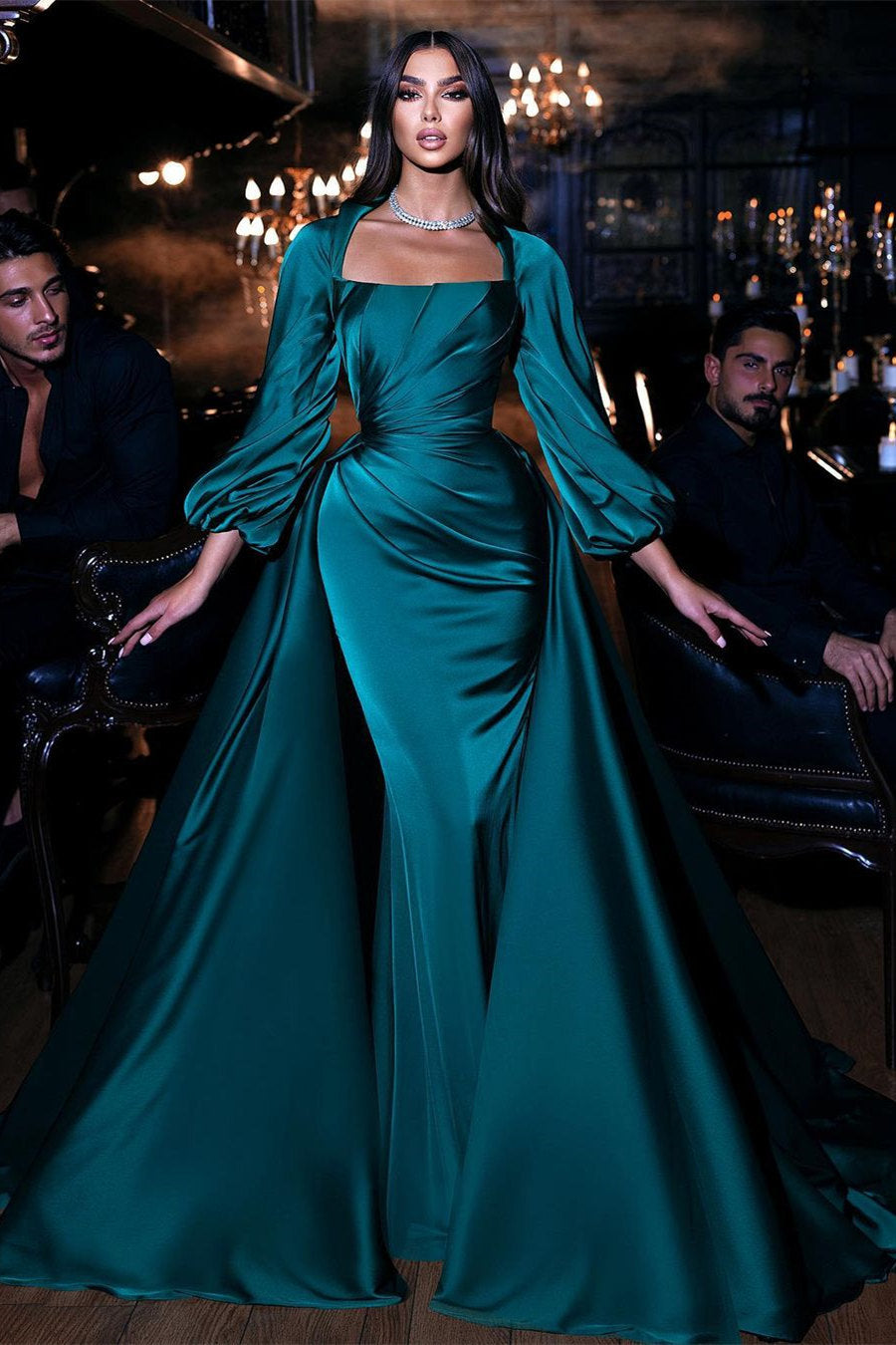 Dark Green Long sleeves Floor length Mermaid Prom Dress with Detachabl