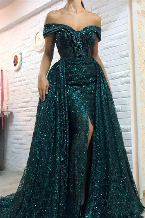 Dark Green Off-the-Shoulder Sparkle Long Evening Dresses Sheath Chic H